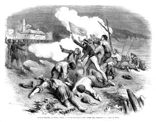 Orosz katonák lövöldöznek egy angol hajó legénységére a fegyverszüneti zászló védelme alatt, 1855