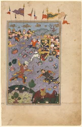 Rusztam megfelel Ashkabus kihívásának, a Firdausi királyok Shah-nama könyvéből...1590-1600.