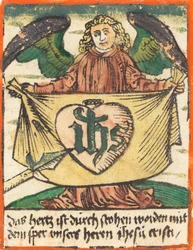 Szent monogram szent szívben angyal által tartott ruhán, c. 1480.