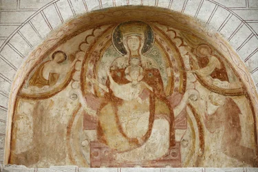 Saint-Savin apátsági timpanon: Szűz és gyermek, Saint-Savin-sur-Gartempe, Franciaország