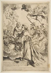 Páduai Szent Antal a dicsőségben lévő Krisztus-gyermeket imádja, Cantarini utáni példány, kb. 1640 vagy utána.