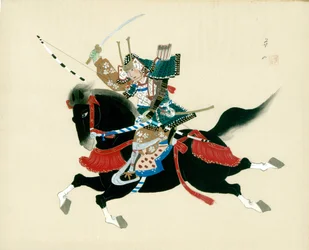 Lovon ülő szamuráj harcos. Japán selyemfestmény hagyományos japán stílusban