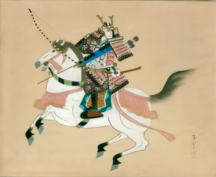 Lovon ülő szamuráj harcos. Japán selyemfestmény hagyományos japán stílusban