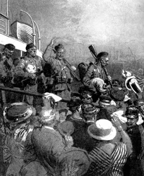 A brit expedíciós erő skót hegyvidéki tagjai Boulogne-ban, Franciaországban, első világháború, 1914