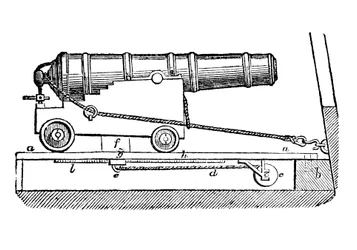 Hajóágyú fegyver kocsin. Fametszet, 1835