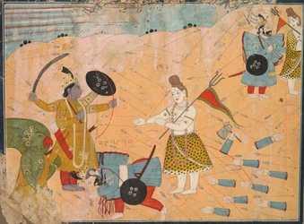 Shiva közbenjár Vanasura: Jelenet Krishna Lila Aniruddha Usha szekciójából, kb. 1840.