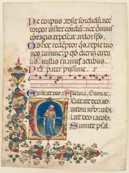 Egyetlen levél egy kóruszsoltárból: Initial E[xultate Deo] Dávid király játékával, 1408 körül.