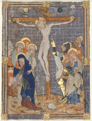 Egy misekönyvből kivágott miniatűr: A keresztre feszítés, c. 1385-1390.