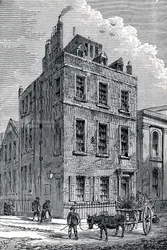 Sir Isaac Newton háza az Orange és a St Martins Streets sarkán, London, 1880