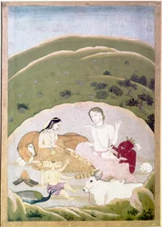 Siva és Parvati gyermekeikkel, Ganesh és Karttikgya a Kailash-hegyen, 1745