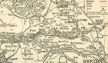 Vázlatos térkép az Aisne-völgyről Soissons fölött, 1914, c1920.