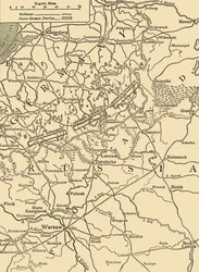 Vázlatos térkép a Varsótól északra lezajlott német támadás illusztrálására 1915 februárjában, 1920 körül.