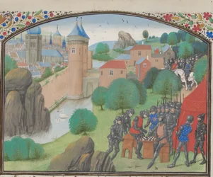 A katonák kockáznak Caesarea városa előtt. Türoszi Vilmos miniatúrája a Historiából, 1460-as évek