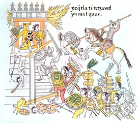 Spanyol hódítók natív tlaxcalai szövetségeseikkel egy azték templomot megtámadva, 16. század