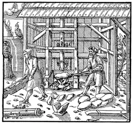 Zúzómű a réz kupellációs pogácsáinak összetöréséhez további finomítás céljából, 1556