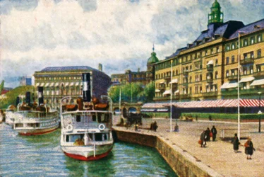 Gőzhajó a rakparton a Grand Hotel mellett, Stockholm, 1928.