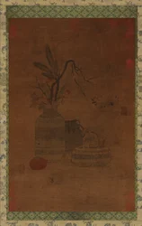 Gobelin: egy tál, két korsó, virágok és gyümölcsök, Valószínűleg Ming-dinasztia, 1368-1644.