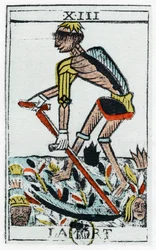 Tarot kártya a halálról, a kaszás, Noblet tarot, 17. század.