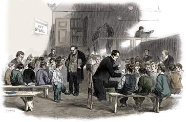 Fiúk olvasástanítása a Ragged School Union iskolában, Lambeth, London, 1868