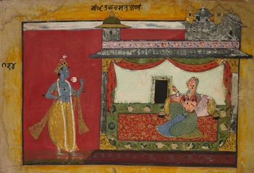 Krisna megközelítése. Oldal egy Rasamanjariból, kb. 1660-1670.