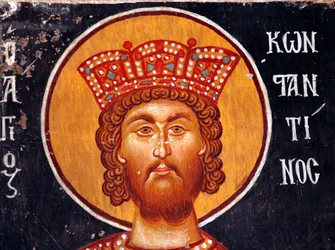 A bizánci freskó a 15. századból (Részlet): Konstantin császár falfestménye Mihály arkangyal templom Pedoulasban Ciprus Festett templomok UNESCO-hely Troodos, Ciprus