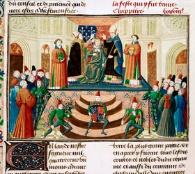 IV. Henrik angol király koronázása. Részlet Jean Froissart Grandes Chroniques de France című művének egyik miniatúrájából, kb. 1470