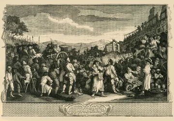 A tétlen tanoncot kivégezték Tyburnben. Hogarths Print., 1747, c1876 után.