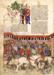 A kerek lovagok miniatűrje a Szent Grál keresése és Arthur halála című filmből, 1220 körül
