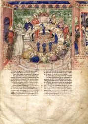 A kerek lovagok miniatűr A Szent Grál keresése és Arthur halála című filmből, 1220 körül