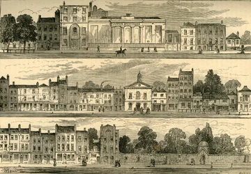 Knightsbridge északi oldala 1820-ban, a Cannon Brewerytől a Hyde Park Cornerig, 1876-ban.