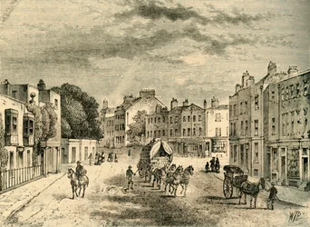 Vauxhall régi faluja, a kertek bejáratával, 1825-ben, 1878 körül.