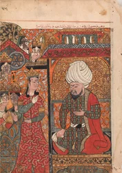 Ilar Irakht királyné a király előtt figyelmezteti őt a brahmanokról , Folio..., 18. század.