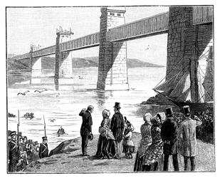 A királynék látogatása a Britannia Tubular Bridge-nél, Wales, 1888