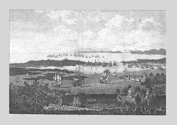 Portsmouth városa és kikötője kilátással az őfelségei flottájára Spitheadben, 18. század.