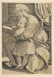 A Szűz a csecsemő Krisztussal olvas, profilban ülő nő balra néz..., kb. 1515-1600.