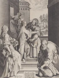 A vizitáció, a Szűz és a Szent Erzsébet ölelkezve a közepén, mellette más f..., 1589.