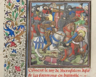 Harc a keresztesek és a szaracénok között. Türoszi Vilmos miniatúrája a Historiából, 1460-as évek