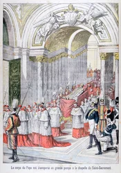 XIII. Leó pápa holttestét a vatikáni Saint-Sacrement kápolnába szállították, 1903