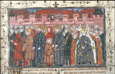 II. Fülöp Ágost koronázása II. Henrik angol király jelenlétében, a Chroniques de France ou de St Denis című műből, 1380 után