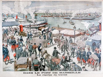 A franciaországi marseille-i kikötőben a dokkmunkások sztrájkjának vége, 1904