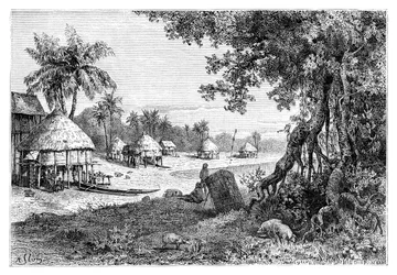 Sawi falu, Car-Nicobar, Nicobar-szigetek, India, 1895