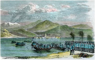 A háború, osztrákok átkelnek a Lago Maggiore-n, Olaszország, 1875