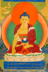 tibeti buddhizmus; színes falfestmény, amely Buddhát meditációban ábrázolja; Bhumisparsha Mudra; Bhumisparshamudra megidézi az anyaföldet; Panchen Llama palotája; Tashilhunpo kolostor; Shigatse; Himalája; Tibeti Autonóm Terület; Kínai Népköztársaság; Mint 