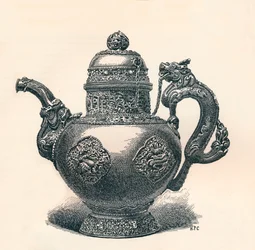 Tibeti teáskanna sárkánykifolyóval és fogantyúval, kínai hatást mutatva, c1904