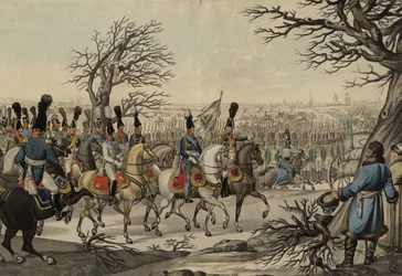 I. Sándor cár és III. Frigyes Vilmos király a csapatok előtt, 1813 körül