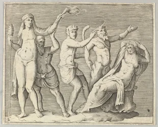 Két alak, egy faun és egy szatír közelít egy fekvő nőhöz, kb. 1599-1622.