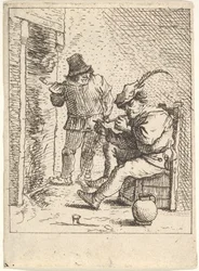 Két férfi paraszt, aki pipát tart a kandalló előtt, egy ülve a pipával..., 1625-90 után.