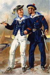 V: Tengerészek. Metszet "Katonai ábécé"-ben. Az illusztrátor kezdőbetűi: A. D. Ismeretlen kiadó. Kromolitográfia a 19. század végén. Mérete: 10,5x7 cm.