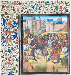 Oroszlánszívű Richárd győzelme Augustus Fülöp felett 1198-ban. Miniatűr a Historiából, Tyrusi Vilmos, 1460-as évek