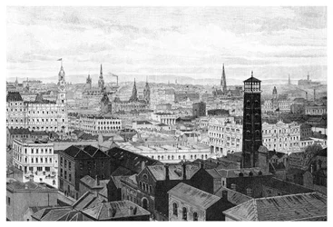 Kilátás a Law Courts kupolájából, Melbourne, Victoria, Ausztrália, 1886